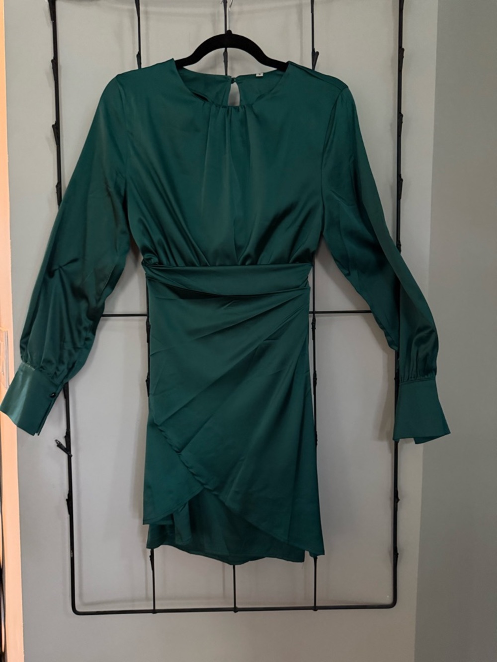 NWOT Emerald Green Satin Long-Sleeve Wrap Dress